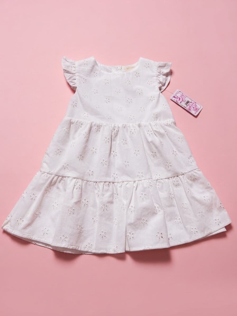 Btween Baby Dress White Eyelet Flutter Sleeve Tiered Toddler Size 24M NWT
